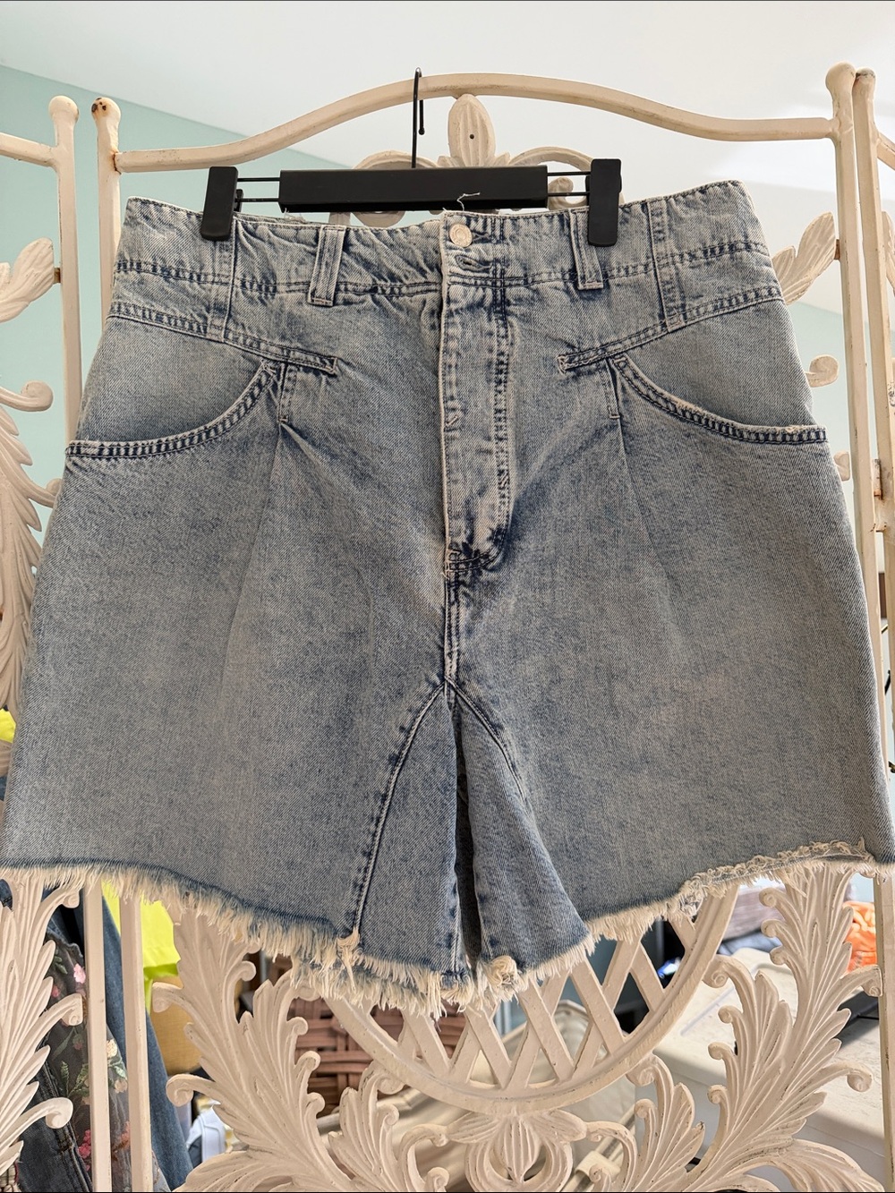 Free People Light Blue High-Rise Over Sized Denim Shorts with Frayed Hem